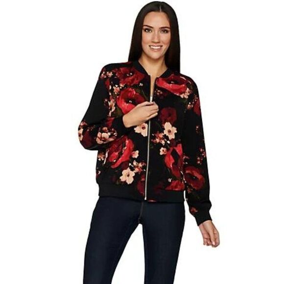 Susan Graver Bomber Jacket Large Floral Stretch Lightweight - Picture 15 of 16